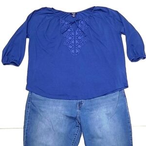 Chaps Lace Embroidered Blouse V-Neck Tie Closure Top Quarter Sleeve Bohemian XXL